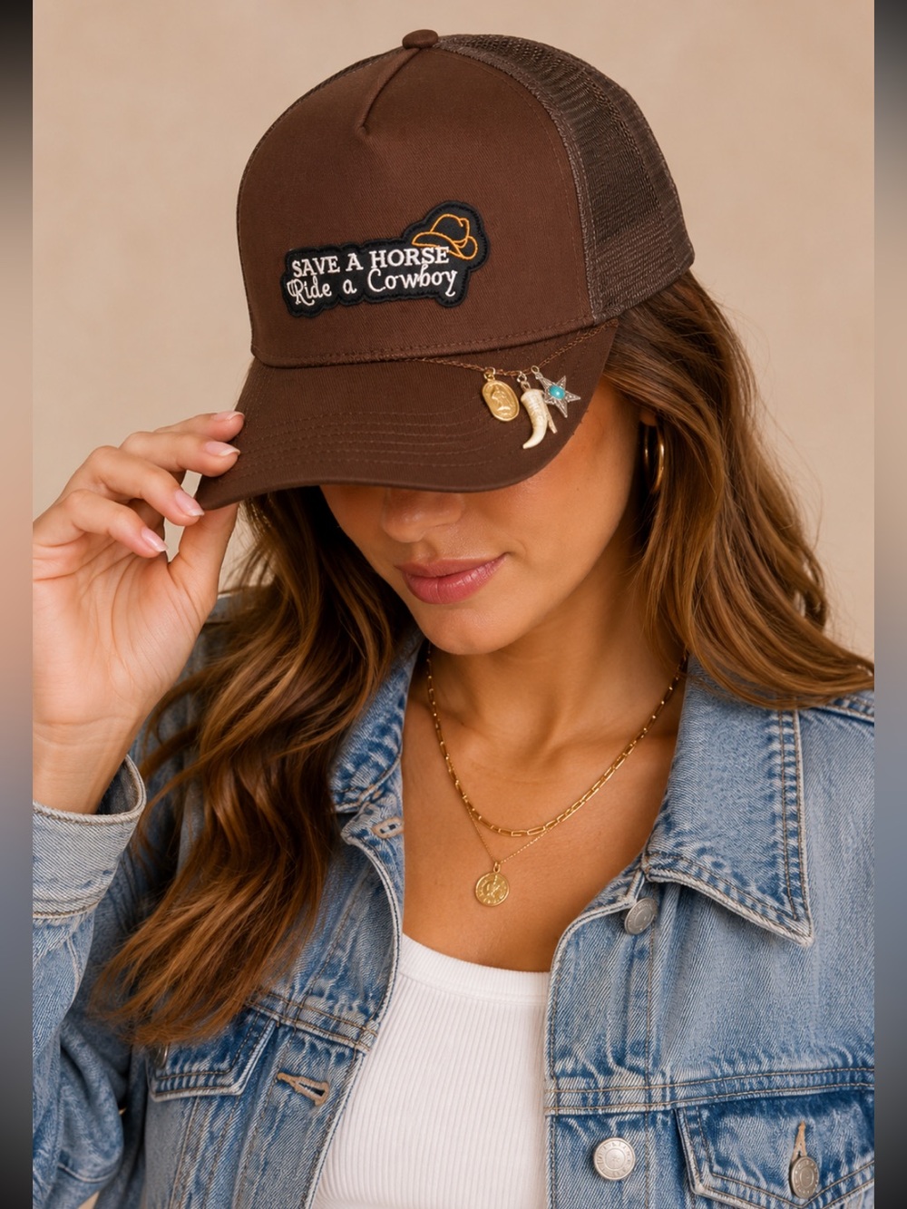 OTTO Brown Trucker Hat with Western Patch and Charms